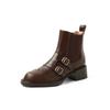 Botas Chelsea de Couro Britânicas de Alta Qualidade com Fivela de Cinto Outono e Inverno 2024 Botas de Manga de Couro com Salto Médio Grosso e Bico Redondo para Mulheres