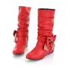 Novas botas femininas de outono e inverno com laço e strass, botas de cano médio, tamanhos 40-43, sapatos femininos de tamanho grande, botas femininas casuais versáteis