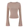 Tricô de manga longa com gola canoa ombro a ombro para mulheres, blusa base curta slim fit