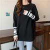 Camiseta feminina de manga comprida, estilo coreano, design solto, comprimento médio, estampado, base interna, para primavera e outono