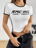 T-shirt de Verão com Estampa de Letras Slim Fit para Meninas Quentes Europeias e Americanas, Moda Coreana, Top Casual Sexy Quente