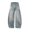 K2250 Jeans Masculino de Cintura Alta Estilo Retrô Americano High Street, Design Desconstruído Azul Lavado, Corte Solto, Formato de Cimitarra