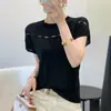 Camisa de Tricô Manga Curta com Detalhe de Contas Vazadas em Lyocell Tencel para Mulheres, Nova Camiseta Top de Verão Solta e Fina
