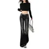 Jeans Retro Americano Negros de Tiro Bajo Microbocadillo para Mujer 2026 Nuevo Estilo Chica Popular Versátiles Adelgazantes Pantalones de Campana Largos hasta el Suelo