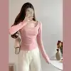 De Velvet Inner Base Shirt Feminina Outono e Inverno Nova Alta Qualidade Sense Square Collarbone Top Slim-fit Slimming Manga Comprida Camiseta Trendy