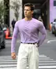 Camiseta Casual Americana de Color Puro con Cuello Redondo y Mangas Largas Elástica de Secado Rápido Deportiva Grande Transpirable Top Base para Entrenamiento Deportivo