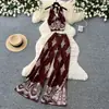 Vestido de verão feminino sem mangas com gola halter e estampa estilo férias, conjunto de duas peças com calça pantalona de cintura alta casual e toque sofisticado