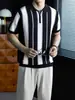 Elegante Camiseta de Tricô Masculina de Alto Padrão com Listras Coloridas, Manga Curta de Verão, Amiga da Pele, Respirável, Polo com Meio Zíper