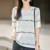 Camiseta base de punto de lino de bambú de manga corta con cuello redondo y rayas de color degradado, nueva para primavera y verano, ropa para mujer