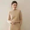 Suéter tejido clásico de cuello semi-alto 100% cachemir puro para mujer, grueso y cálido, color liso, jersey de manga larga