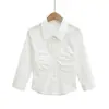 Camisa blanca de verano con cuello, plisada y de manga larga para mujer, diseño elegante, de un solo pecho, corte ajustado, entallada en la cintura, top adelgazante