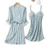 Pijama Feminino Novo Estilo Outono com Cinto e Bojo no Peito, Camisola de Seda Gelada com Alça, Pijama de Seda Feminino, Camisola Pura, Conjunto de Duas Peças para Verão