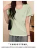 Camiseta Verde Menta com Gola U e Manga Curta Regular para Mulheres, Modelagem Justa, Novo Estilo 2026, Decote Amplo, Top Curto, Emagrecimento e Definição da Cintura para o Verão