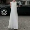 Estilo Coreano Blogger Mesmo Estilo Textura Preguiçosa Branco Longo Pequeno V Gola Redonda Solto Emagrecedor Respirável Sem Mangas Vestido para o Dia a Dia
