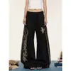 2026 Nova Marca Americana Retro Tendência Patchwork Estampa de Leopardo Calça de Moletom com Letras Góticas para Mulheres, Calça Esportiva Casual com Caimento Longa até o Chão