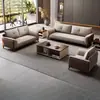 Juego de sofá y mesa de centro para oficina, sofá de oficina de tres plazas de cuero genuino simple para sala de recepción, reuniones informales