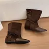Botas de Punta Redonda con Pierna de Pantalón plisada de Otoño, Diseño Apilado de Nicho, Botas Cortas para Mujer, con Cordones, Estilo Nuevo 20267cm, Tacón Oculto