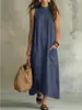 Nuevo Producto 2026: Vestido de tirantes drapeado vintage de algodón y lino transfronterizo, estilo casual europeo y americano, vestido maxi suelto de color liso para mujer