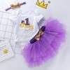 Atacado transfronteiriço ins roupas infantis novo desenho animado aniversário manga curta vestido princesa cor acessório de cabeça conjunto de três peças