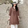 Camisa de Lino de Algodón de Gama Alta para Mujer Verano Nuevo Estilo Artístico Rejuvenecedor Versátil Talla Grande Holgada Casual Bordado Top de Longitud Media