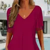 Camiseta de Mujer de Punto con Encaje Calado y Empalme, Manga Corta, Cuello en V, Estilo Europeo y Americano, Nueva Popularidad Transfronteriza, Procesamiento y Personalización