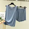 Conjunto de duas peças adequado para usar por cima de outras roupas, conjunto de pijama plus size para mulheres, shorts de verão com babados, roupa para ficar em casa, regata solta de modal
