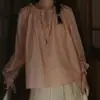 Camisa de Mujer con Cordón Color Jengibre, Textura Plisada, Mangas Largas Abullonadas, Holgada, Estilo Suave, Camisa Ligera y Transpirable