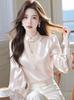 Primavera 2025 Nuevo Sentido de Alta Gama Nuevo Estilo Chino Chic Hermoso Único Top Camisa de Cuello Satén Rosa Ropa de Mujer