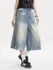Calça jeans cropped feminina com estampa de estrelas estilo retrô americano, novo estilo de verão, calça solta de 7/8, shorts largos rasgados