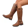 Fivela de Cinto Novo Estilo Botas Femininas Versátil Cano Alto Salto Médio Bico Redondo Confortável Botas de Equitação 2026 Outono e Inverno Transfronteiriço Tamanho Grande