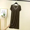 Verano Nuevo Modal Delgado Talla Grande Ropa de Casa para Mujer de Longitud Media Cuello en V Manga Corta Camisón Se Puede Usar Afuera Vestido