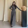 Vestido polo largo de manga larga abotonado con pliegues, estilo minimalista transfronterizo, color gris, para mujer, elegante vestido largo de línea A que ciñe la cintura, otoño e invierno