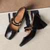 Zapatos Mary Jane de Cuero Curtido al Aceite 5525-12 con Punta Cuadrada para Mujer, Tacón Grueso y Correas Delgadas, Estilo Retro Otoñal Nuevo