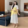 Ropa de Maternidad Amarillo Asimétrico Camisola con Borlas 2026 Verano Encaje Camiseta Falda Conjunto de Tres Piezas