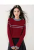 Tejido de punto a rayas con bloques de color, hilo core-spun, elegante para Otoño/Invierno, nuevo, corte ajustado, favorecedor, manga larga, color de contraste, cuello redondo, top básico