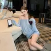 Vestido Azul de Um Ombro e Manga Longa para Mulheres no Outono, Vestido Emagrecedor com Ajuste na Cintura e Mangas Morcego, Estilo 'Pure Desire Hot Girl', Vestido Curto Bodycon