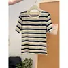 Camiseta de Manga Corta a Rayas Color-Block de Nicho Inspirada en el Diseño para Mujer, Ropa de Verano Holgada Estilo Coreano con Bordado de Dibujos Animados