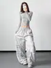 Calça cargo feminina cor damasco, novo estilo primavera/outono 2025, plissada, retrô americano, casual, solta, calça longa de perna larga oversized