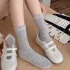 Calcetines de encaje de lunares grises de moda para mujer, otoño e invierno, con accesorios de lazo, calcetines elegantes hasta la pantorrilla