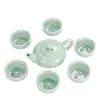 Bule em Forma de Peixe Celadon e Conjunto de Chá com Seis Xícaras para Uso Doméstico, Simples e Portátil, Adequado como Presente ou Lembrança de Evento, Pode Ser Personalizado com Logotipo