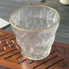 Taza de Vidrio Martillado Estilo Japonés de Moda para Uso en Casa, Vaso de Agua Creativo de Gama Alta con Borde Dorado Patrón Glaciar para Verano, Vaso de Whisky