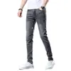 Jeans de Algodão Stretch Preto e Cinza Slim Fit Masculino Hong Kong Primavera e Outono, Calça Casual Elástica de Alta Qualidade Estilo Coreano para Outono