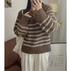 Suéter Pulóver con Botones de Cuerno Otoño e Invierno Nuevo Japonés y Coreano Transfronterizo Combinación de Colores a Rayas Suave Ceroso Casual Holgado Tejido de Punto para Mujer
