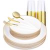 Juego de 150 Piezas de Platos Desechables con Bordes Negro Dorado, Incluyendo Cuchillo de Doble Sección, Tenedor, Cuchara y Copa de Vino con Bordes Dorados, Adecuado para Comidas Transfronterizas