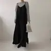 Em estoque, vestido de suspensório plissado de comprimento médio até o joelho básico de outono estilo ins coreano para mulheres 17684