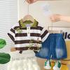 2025 Novo Conjunto de Duas Peças Verão Meninos Polo Listrado com Gola Manga Curta Shorts Jeans Finos Largos para Menininho