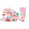 Pastel de Cumpleaños con Globos de Colores Tema Fiesta Platos de Papel Desechables Servilletas Vasos de Papel Cubiertos Tenedor Cuchara Suministros para Fiesta