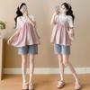 Foto real en stock Nuevo Verano para Mujeres Embarazadas Suelto Adelgazante Moda Combinable Dulce Reductor de Edad Top de Mamá a la Moda