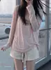 Camiseta de manga larga color rosa dulce estilo coreano, tipo cubierta, para mujer, estilo holgado y casual, adecuada para el verano, top ligero para habitaciones con aire acondicionado