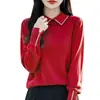 La Chapelle Camiseta Térmica para Mujer Primavera Otoño Solapa Roja Elegante Tejido Delgado que Adelgaza Tallas Grandes Ropa de Mujer Suéter Otoño Invierno